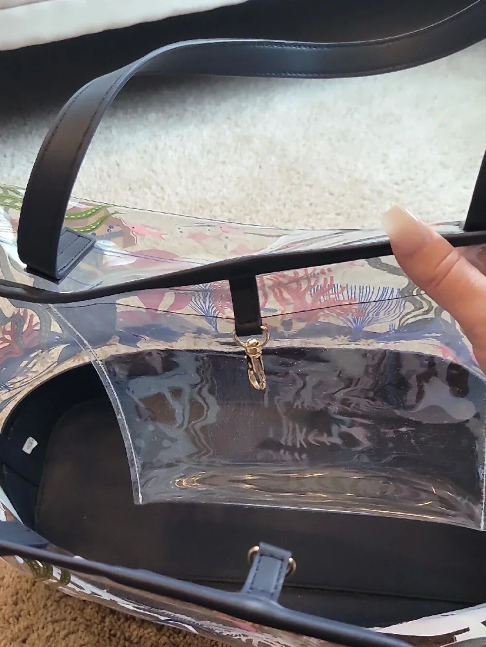 Spartina 449 Clear Mermaid-Print Tote with Navy Trim And Gold Hardware